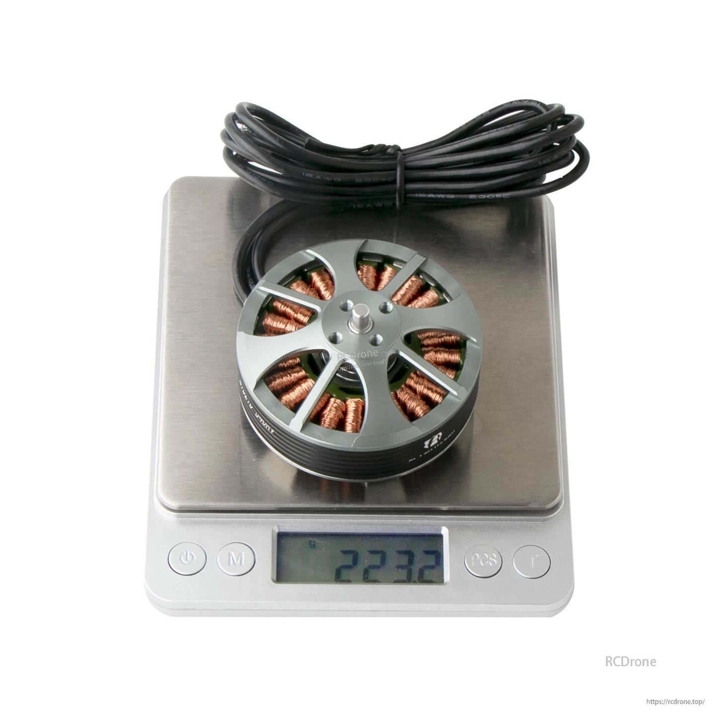 Flashhobby 5210 340KV Brushless Motor, Flashhobby 5210 340KV brushless outrunner motor with long leads, shown on digital scale reading 223.2 g