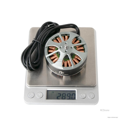 Flashhobby 5215 340KV brushless motor with attached wires sitting on a digital scale reading 289.0 g