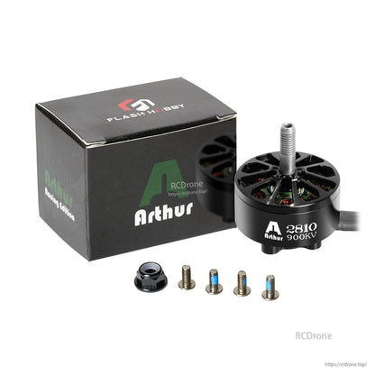 Flashhobby A3112 900KV Brushless Motor, Flashhobby Arthur 2810 900KV brushless motor with mounting screws and lock nut, next to retail box