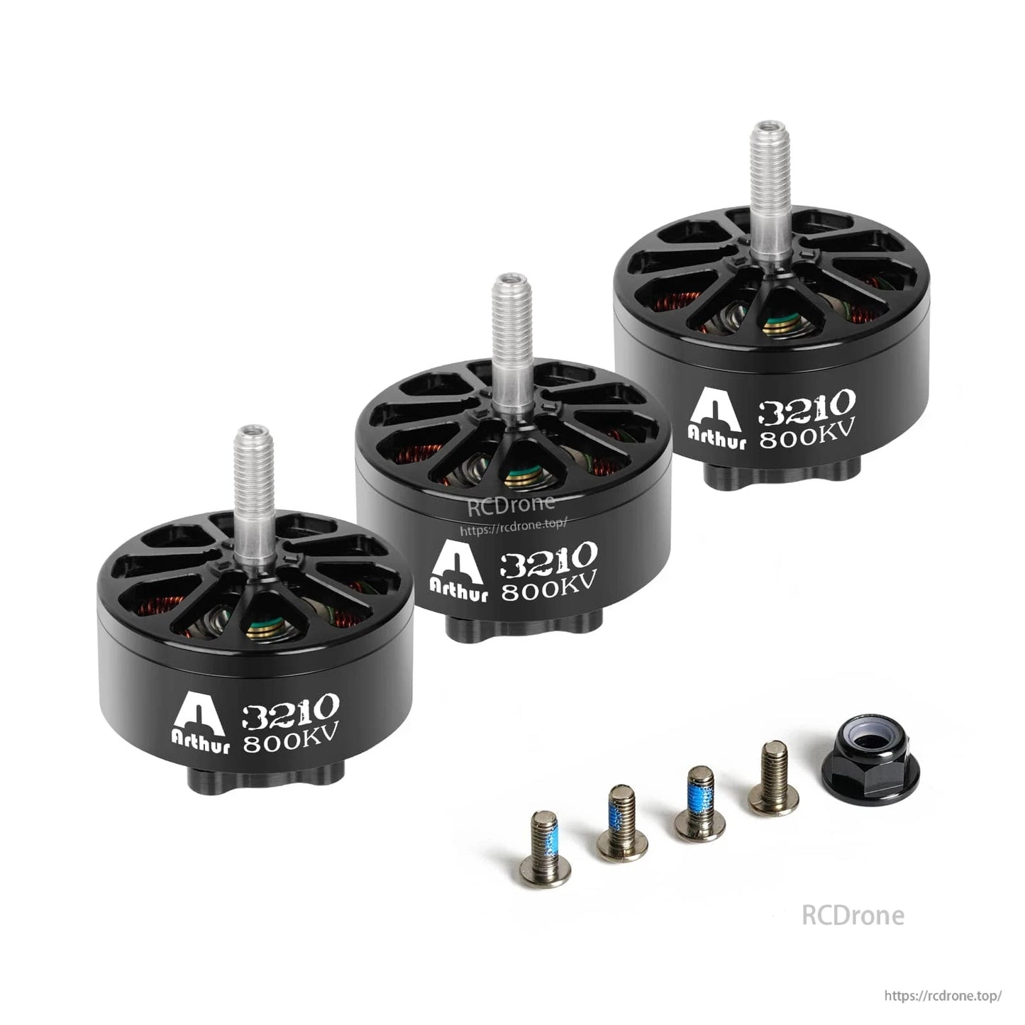 Flashhobby A3210 800KV Brushless Motor, Three 3210 800KV brushless drone motors with threaded shafts, mounting screws, and a black prop nut