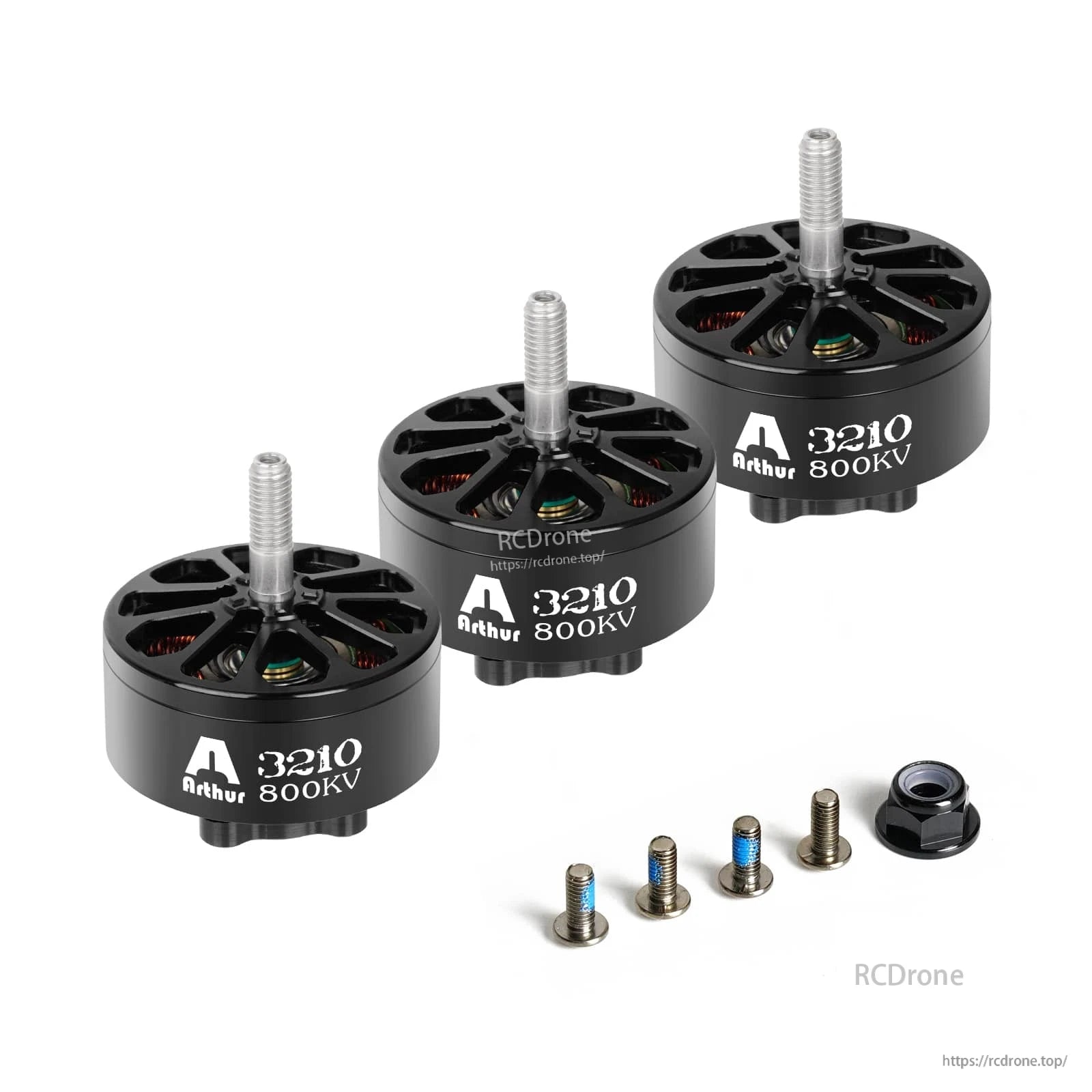 Flashhobby A3210 800KV Brushless Motor, Three 3210 800KV brushless drone motors with threaded shafts, mounting screws, and a black prop nut
