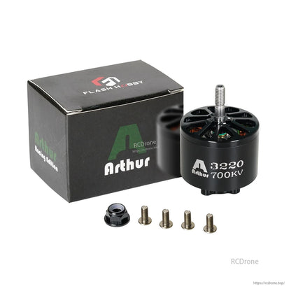 Flashhobby A3220 700KV Brushless Motor, Flashhobby Arthur A3220 700KV brushless motor with mounting screws and locknut beside retail box