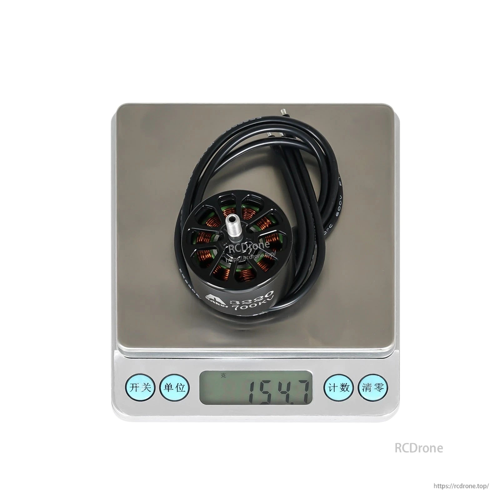 Flashhobby A3220 700KV brushless motor with lead wires on a digital scale reading 154.7 g