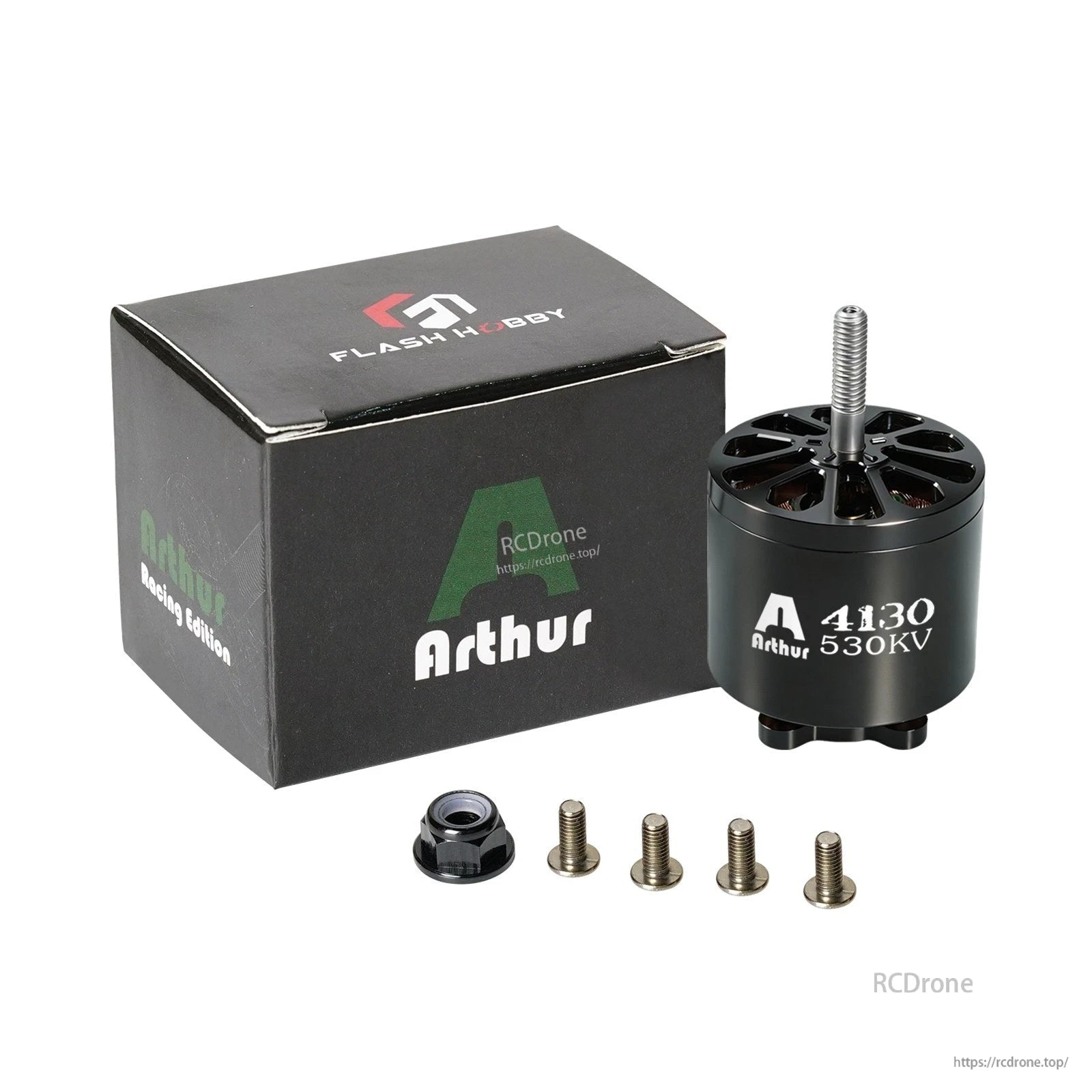 Flashhobby A4130 530KV Brushless Motor, Flashhobby Arthur A4130 530KV brushless motor with mounting screws and prop nut beside branded box