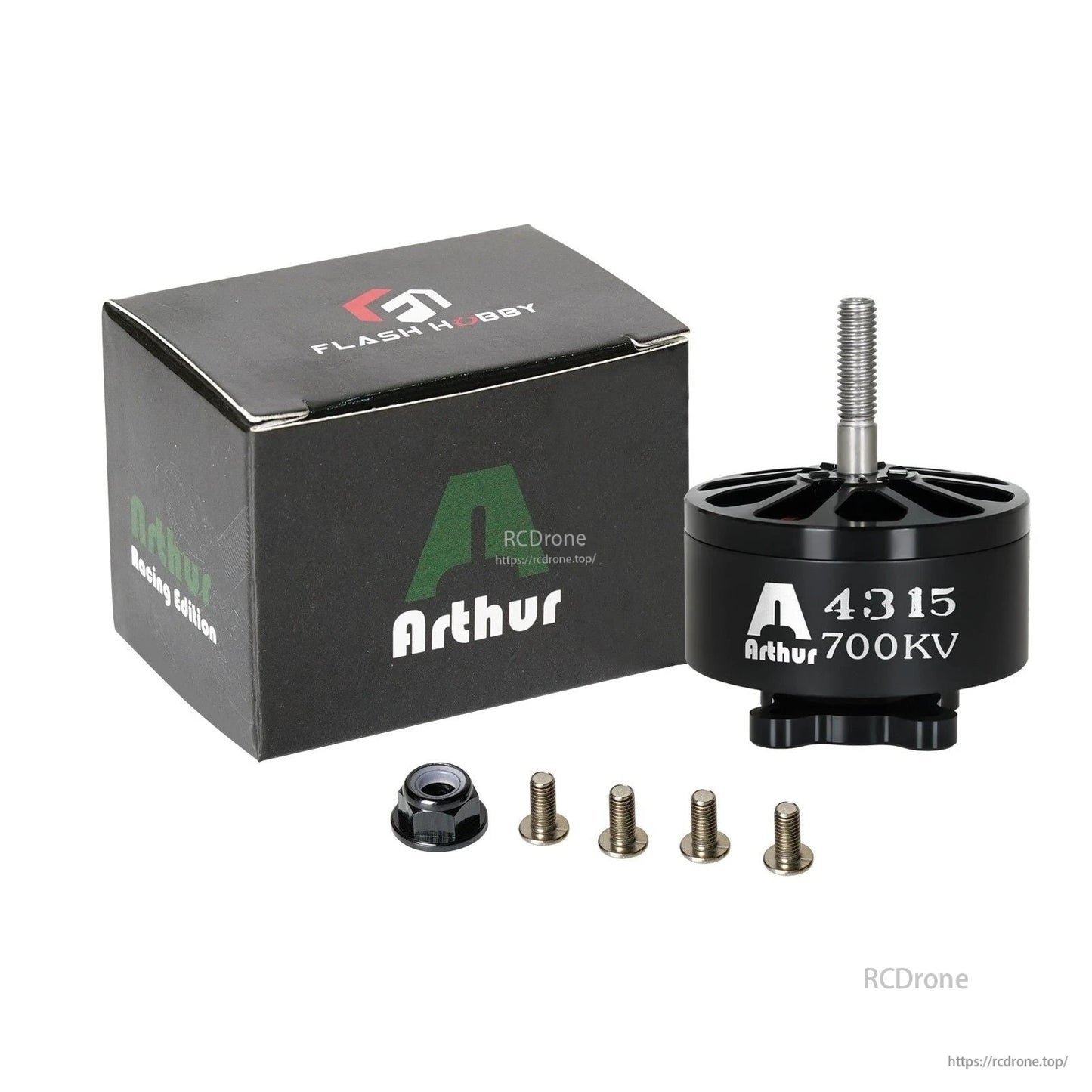 Flashhobby A4315 700KV Brushless Motor, Flashhobby Arthur A4315 700KV brushless motor with mounting screws and lock nut, shown with retail box
