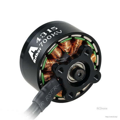 Flashhobby A4315 700KV brushless motor close-up with exposed copper windings, mounting base, and lead wire