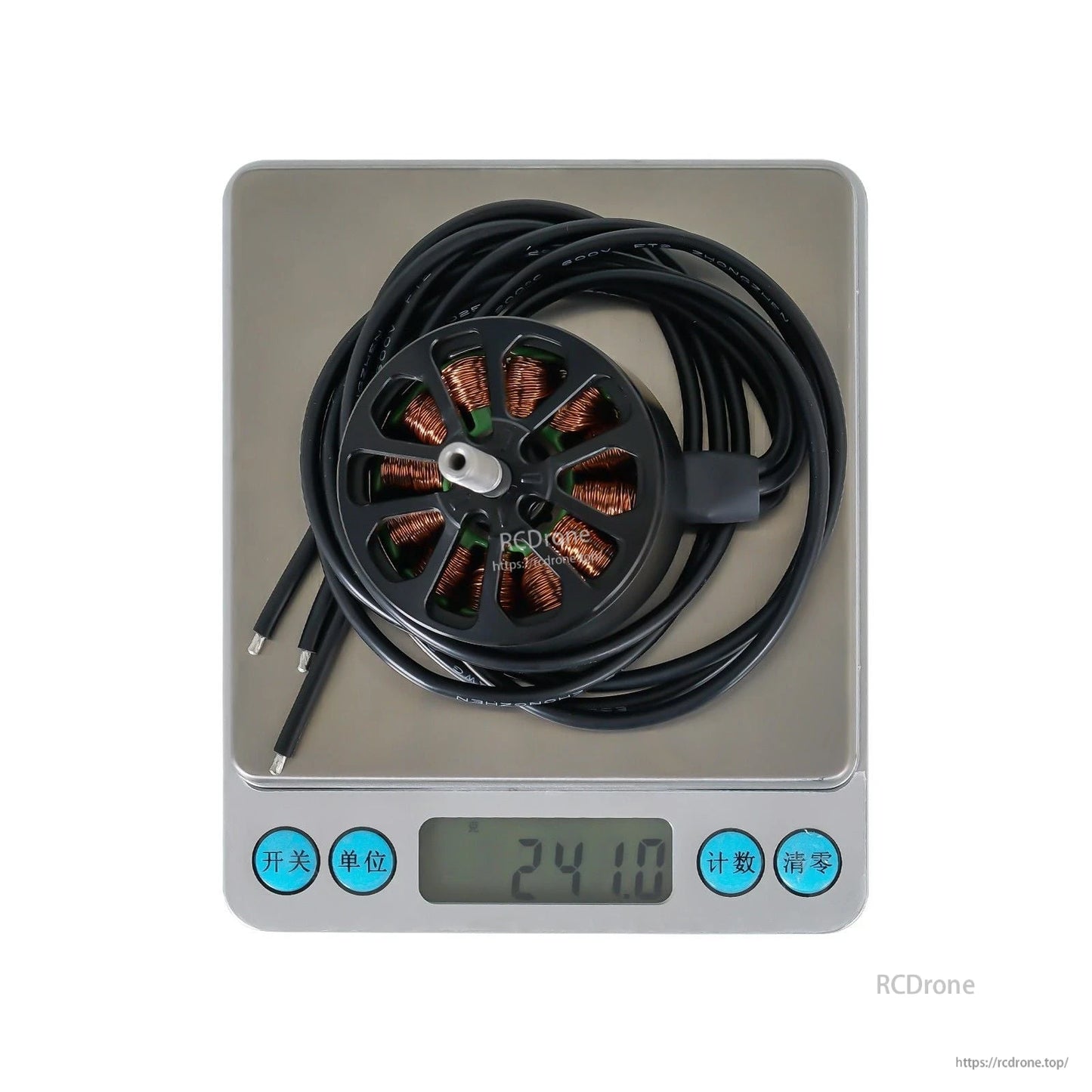 Flashhobby A4315 700KV Brushless Motor, Flashhobby A4315 brushless motor with long leads on a digital scale reading 241.0 g