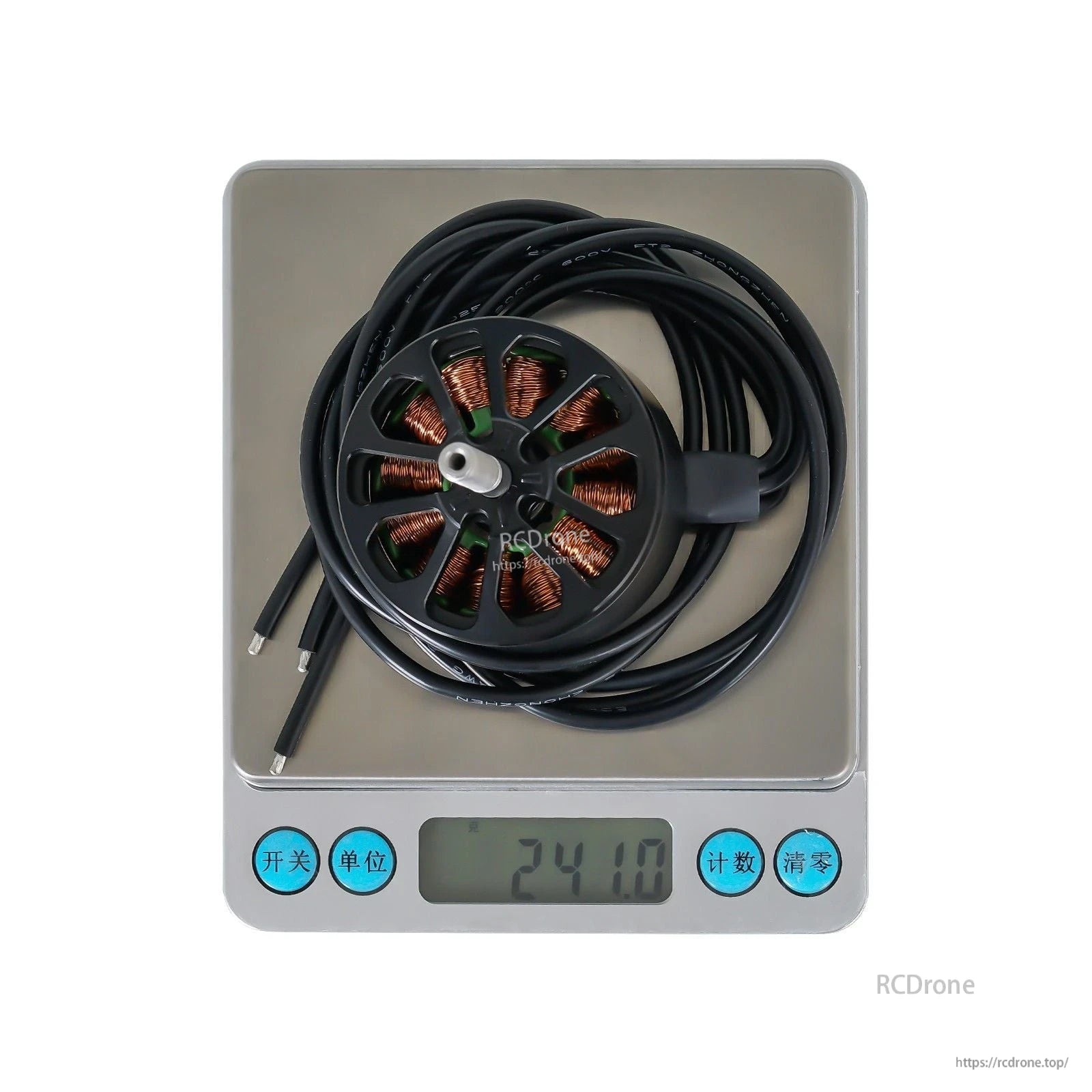 Flashhobby A4315 700KV Brushless Motor, Flashhobby A4315 brushless motor with long leads on a digital scale reading 241.0 g