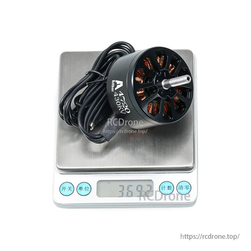 Flashhobby A4720 430KV brushless motor with long lead wires on a digital scale reading 368.7