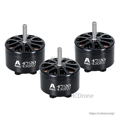 Flashhobby A4720 430KV Brushless Motor, Three A4720 430KV brushless motors with black housings and threaded shafts, labeled “4720 430KV”