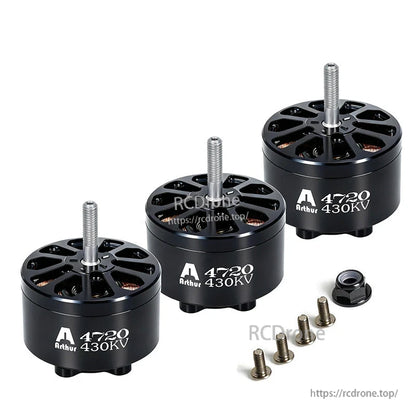 Three Flashhobby A4720 430KV brushless motors with long threaded shafts, plus mounting screws and a locknut