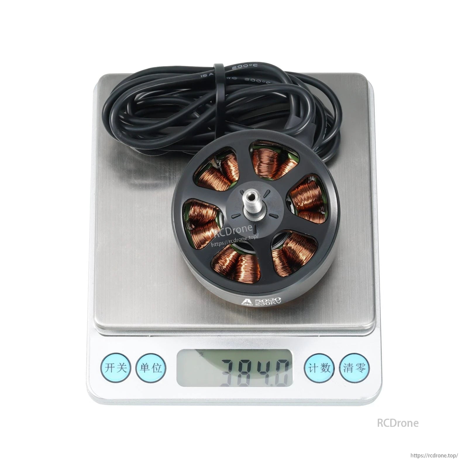 Flashhobby A5020 230KV Brushless Motor, Flashhobby A5020 230KV brushless outrunner motor with long leads on a digital scale reading 384.0 g