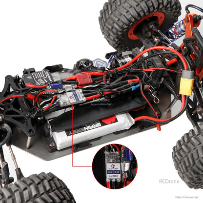 Flashhobby AM35 35A ESC, Flashhobby AM35 35A brushless ESC installed in RC car chassis, labeled 35A 3-6S AM32Bit with wired connections