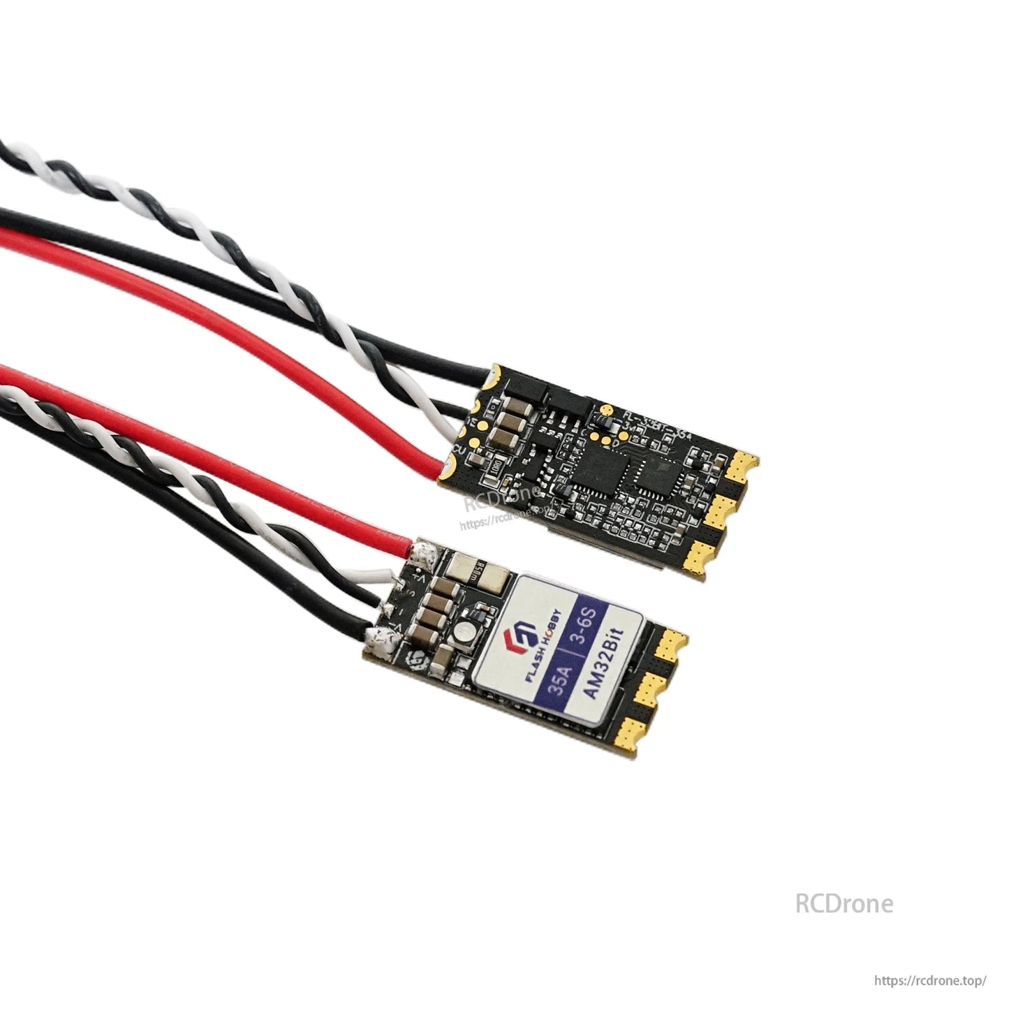 Flashhobby AM35 35A ESC board with red/black power leads and signal wires, AM32Bit 3–6S label visible