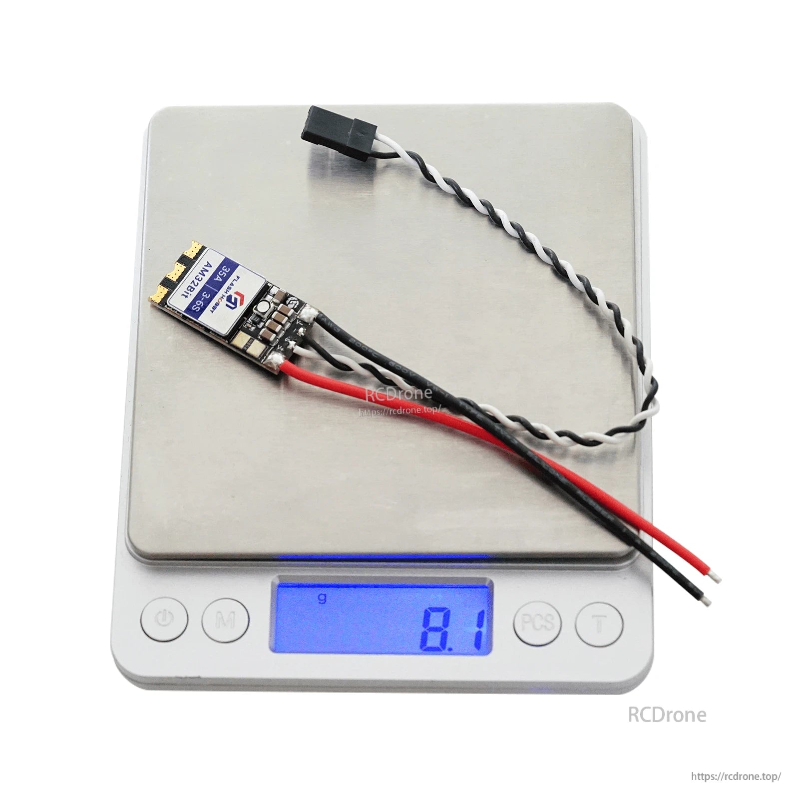 Flashhobby AM35 35A ESC, Flashhobby AM35 35A drone ESC with soldered power leads and signal cable, weighing 8.1 g on a scale