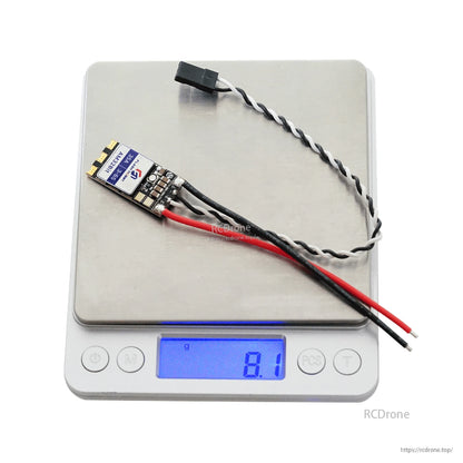 Flashhobby AM35 35A ESC, Flashhobby AM35 35A drone ESC with soldered power leads and signal cable, weighing 8.1 g on a scale