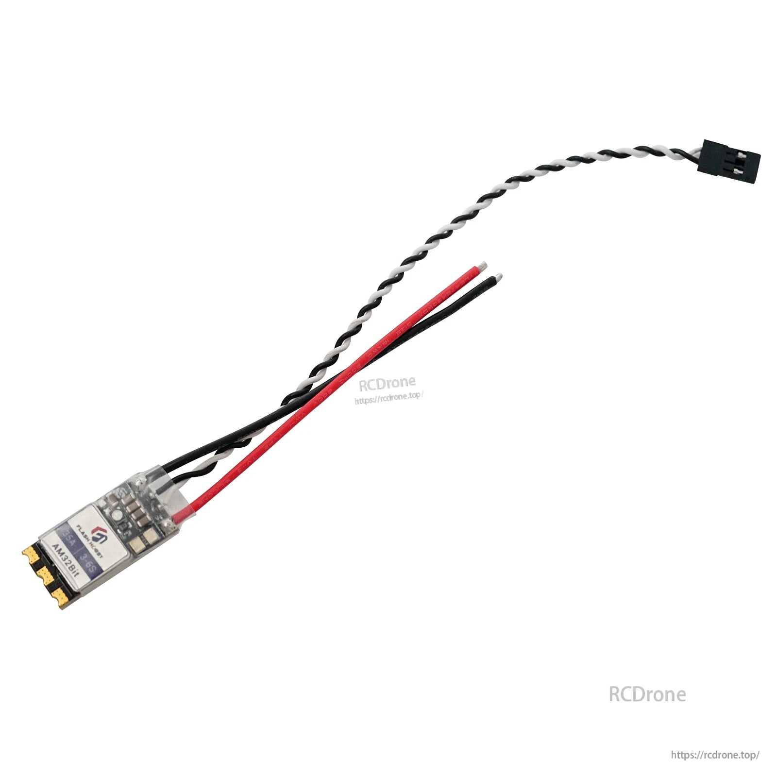 Flashhobby AM35 35A ESC with red/black power leads, twisted signal wire, and compact heat-shrinked board