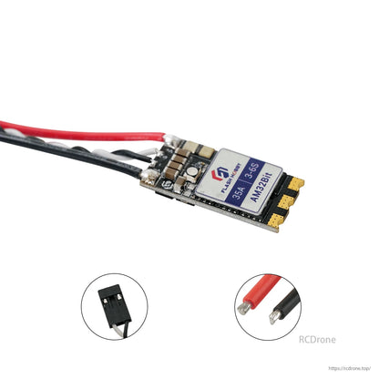 Flashhobby AM35 35A ESC board labeled 3–6S and AM32B1, with red/black power leads and signal plug