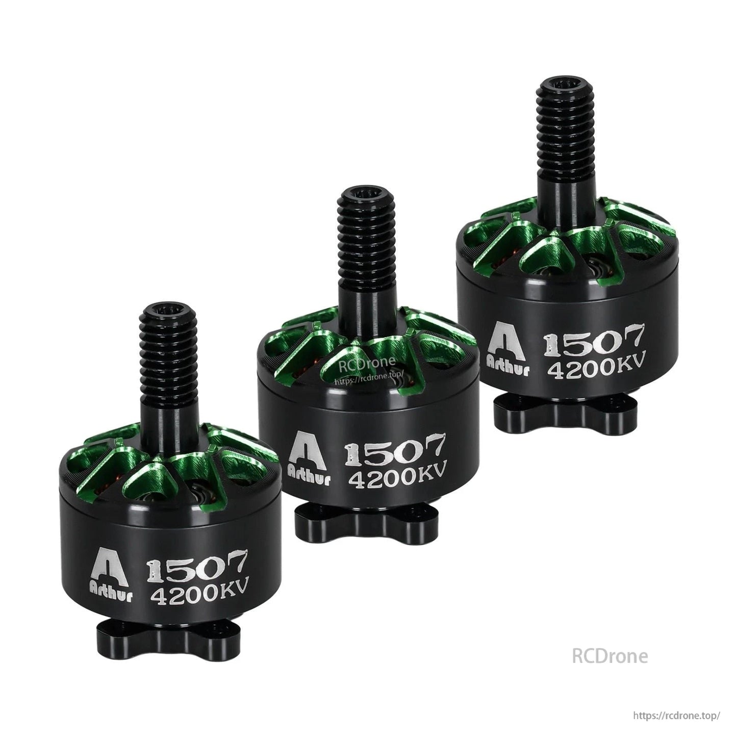 Three Flashhobby Arthur A1507 4200KV brushless motors with black cans, green tops, and threaded shafts