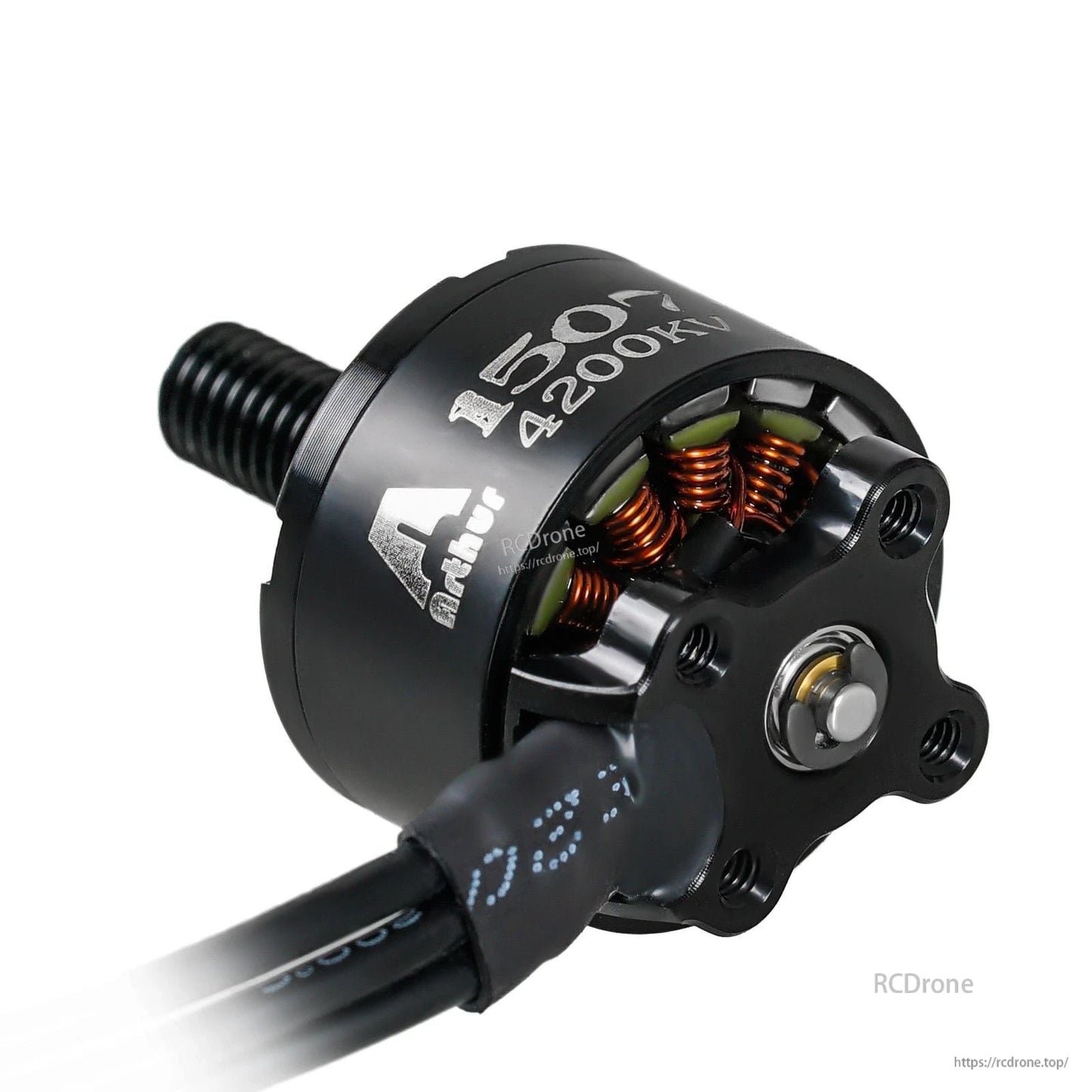 Flashhobby Arthur A1507 4200KV brushless motor close-up with exposed copper windings, mounting base and shaft
