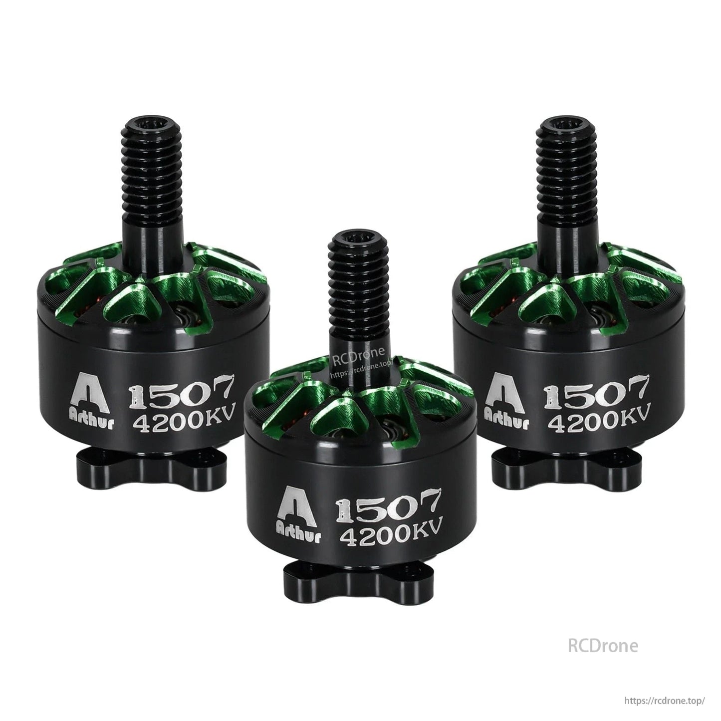 Three Flashhobby Arthur A1507 4200KV brushless motors in black with green vented tops and threaded shafts