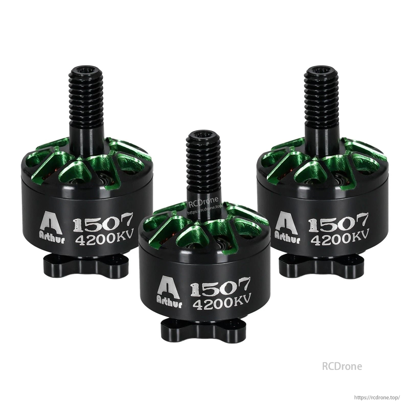 Three Flashhobby Arthur A1507 4200KV brushless motors in black with green vented tops and threaded shafts