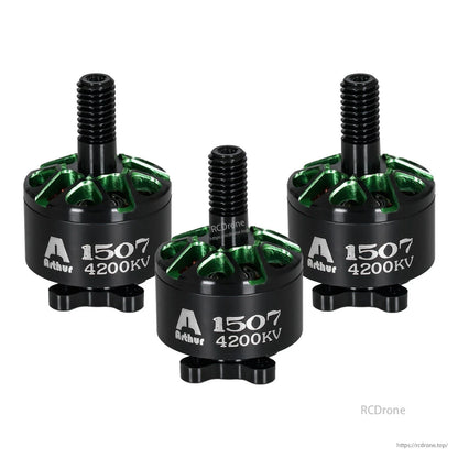 Three Flashhobby Arthur A1507 4200KV brushless motors in black with green vented tops and threaded shafts