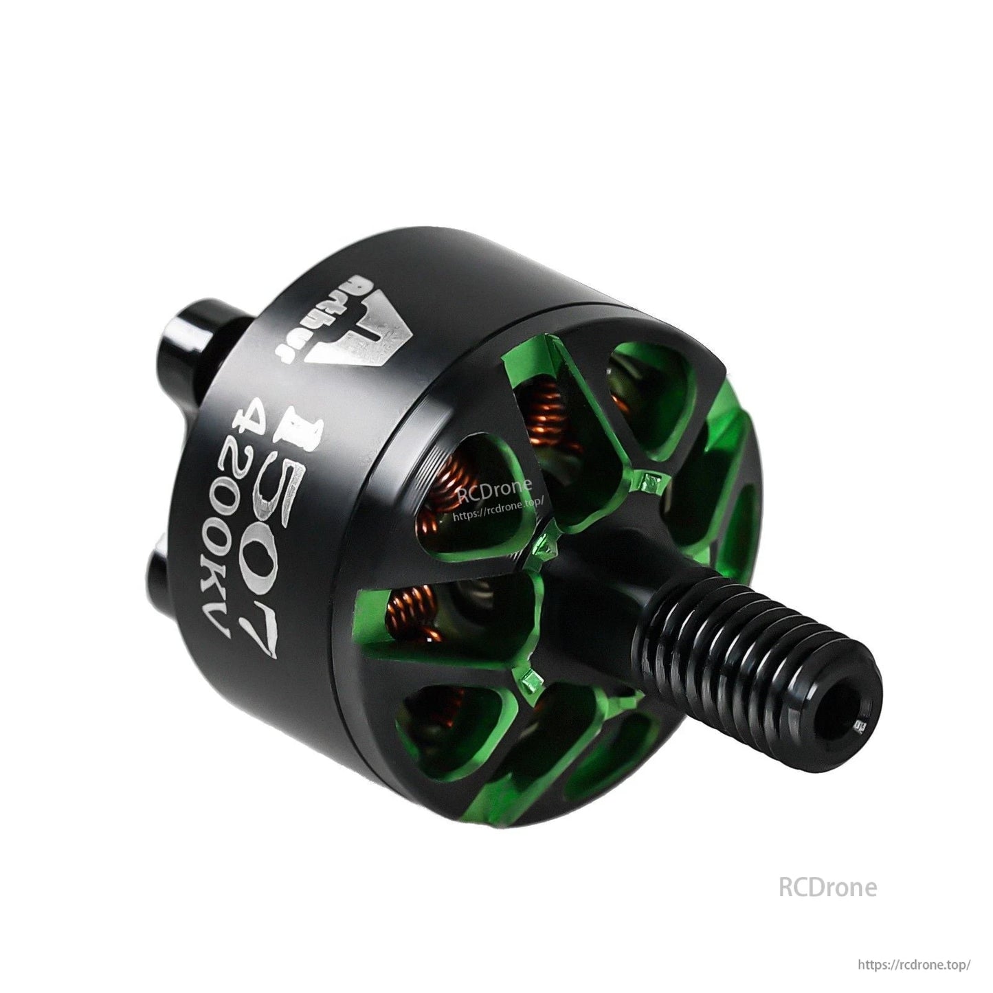 Flashhobby Arthur A1507 4200KV brushless motor with black housing, green stator cutouts, and threaded shaft