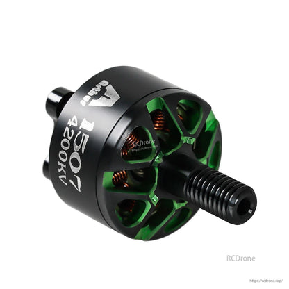 Flashhobby Arthur A1507 4200KV brushless motor with black housing, green stator cutouts, and threaded shaft