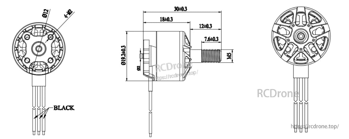 Flashhobby Arthur A1507 brushless motor dimension drawing with M5 shaft thread and three wire leads
