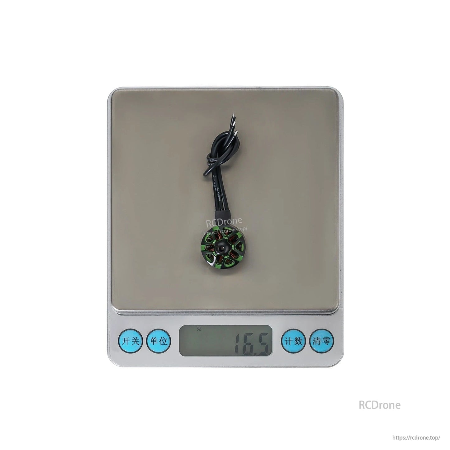 Flashhobby Arthur A1507 brushless motor with wires on a digital scale reading 16.5 g
