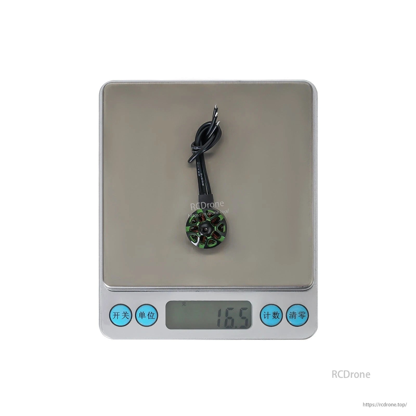 Flashhobby Arthur A1507 brushless motor with wires on a digital scale reading 16.5 g