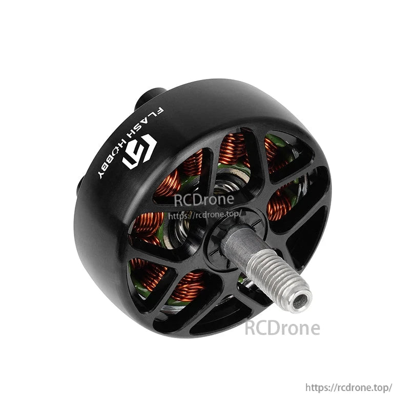 Flashhobby Arthur A2806.5 brushless motor with black bell housing, visible copper windings, and threaded shaft