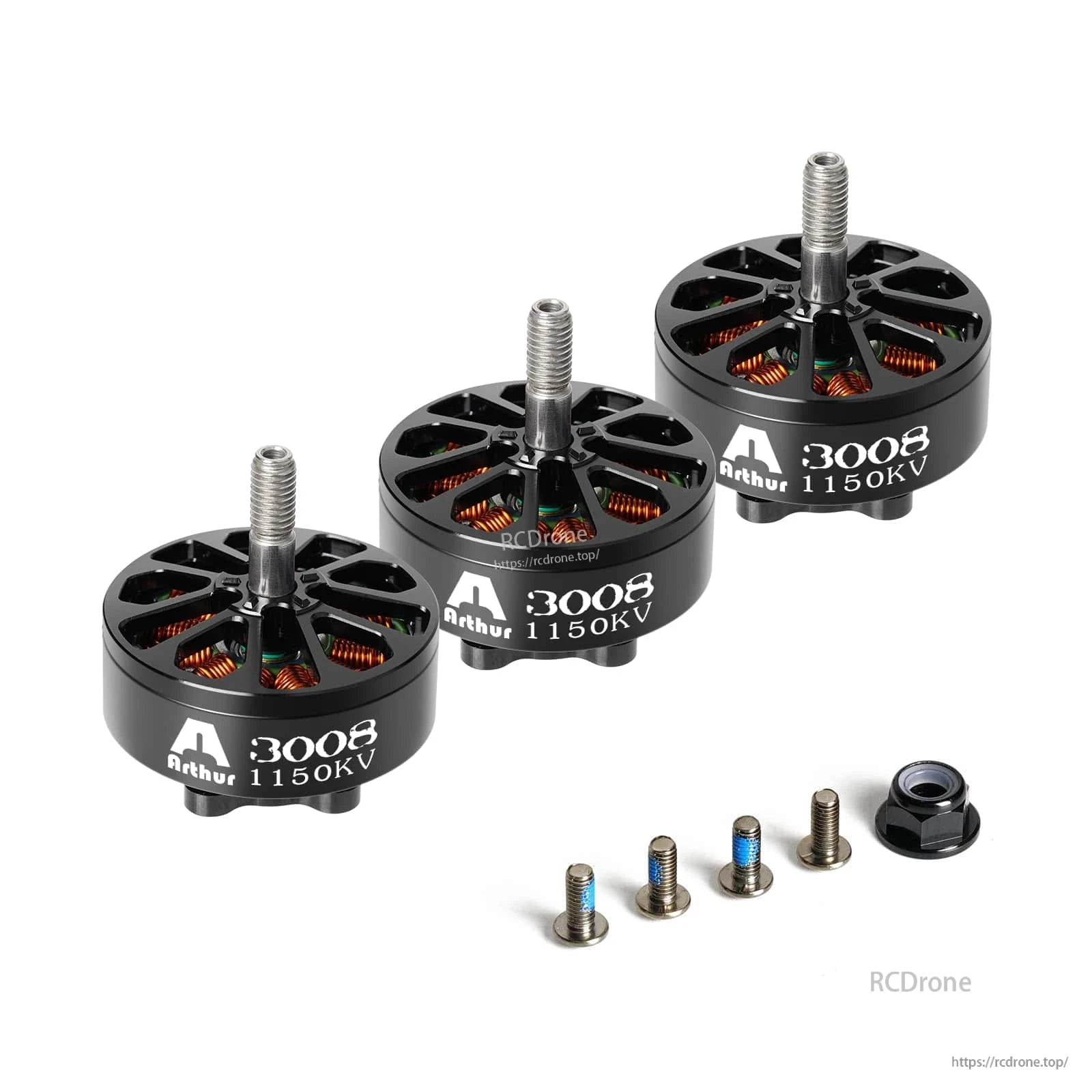 Flashhobby Arthur A3008 1150KV brushless motor with threaded prop shaft, plus mounting screws and lock nut