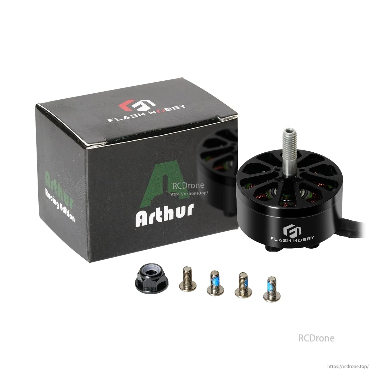 Flashhobby Arthur A3110 900KV brushless motor with mounting screws, prop nut, and branded box