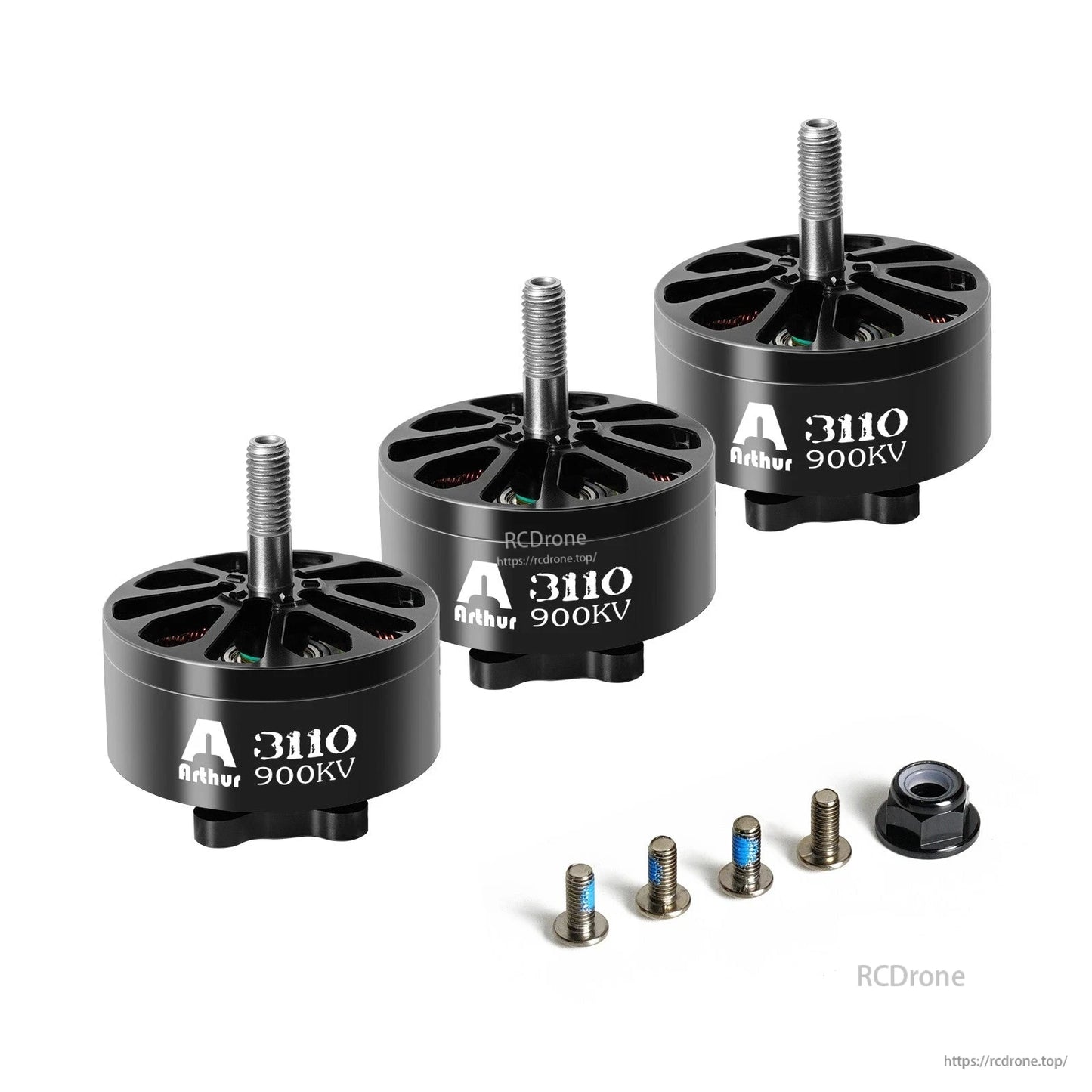 Flashhobby Arthur A3110 900KV brushless motor with black housing, threaded shaft, screws and lock nut
