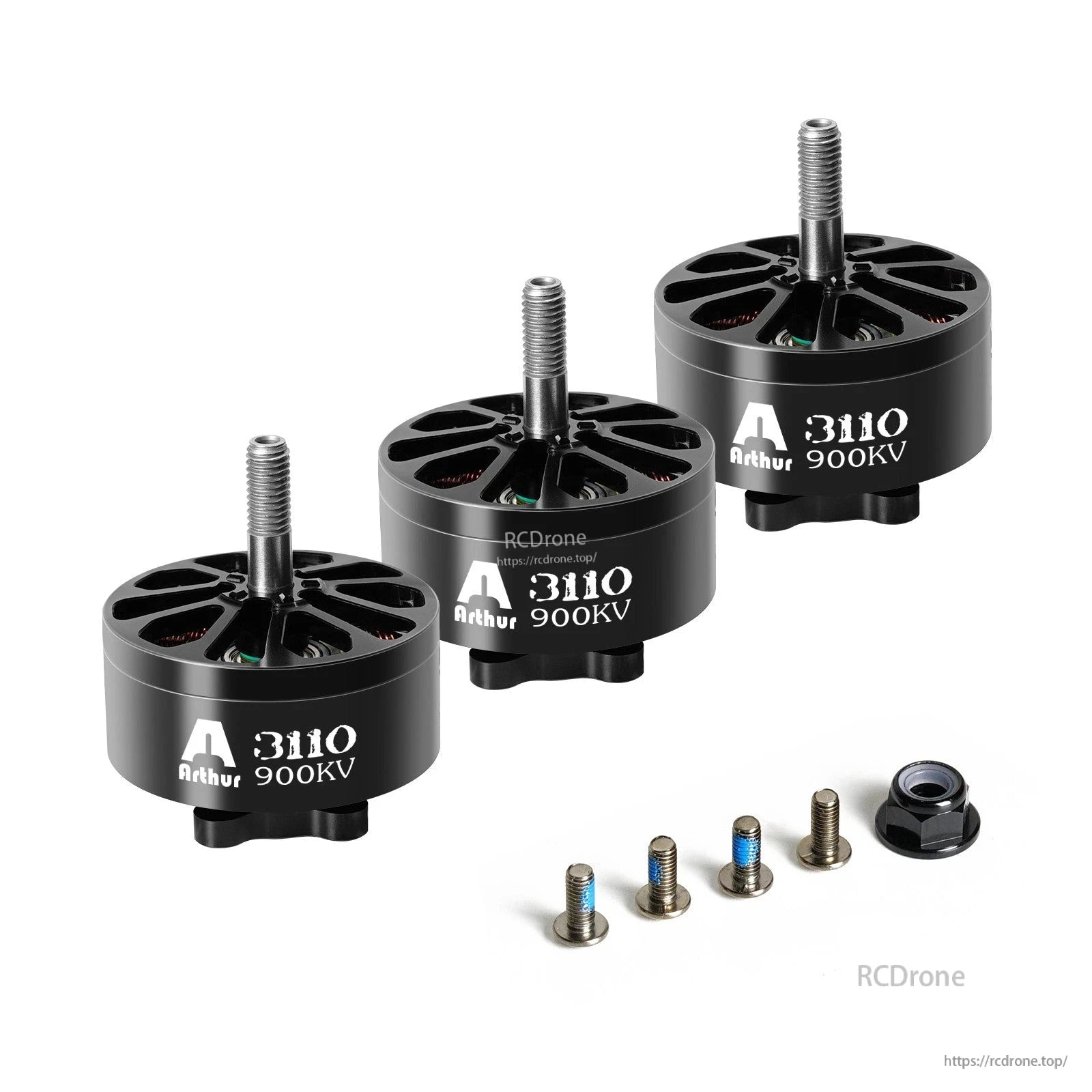 Flashhobby Arthur A3110 900KV brushless motor with black housing, threaded shaft, screws and lock nut