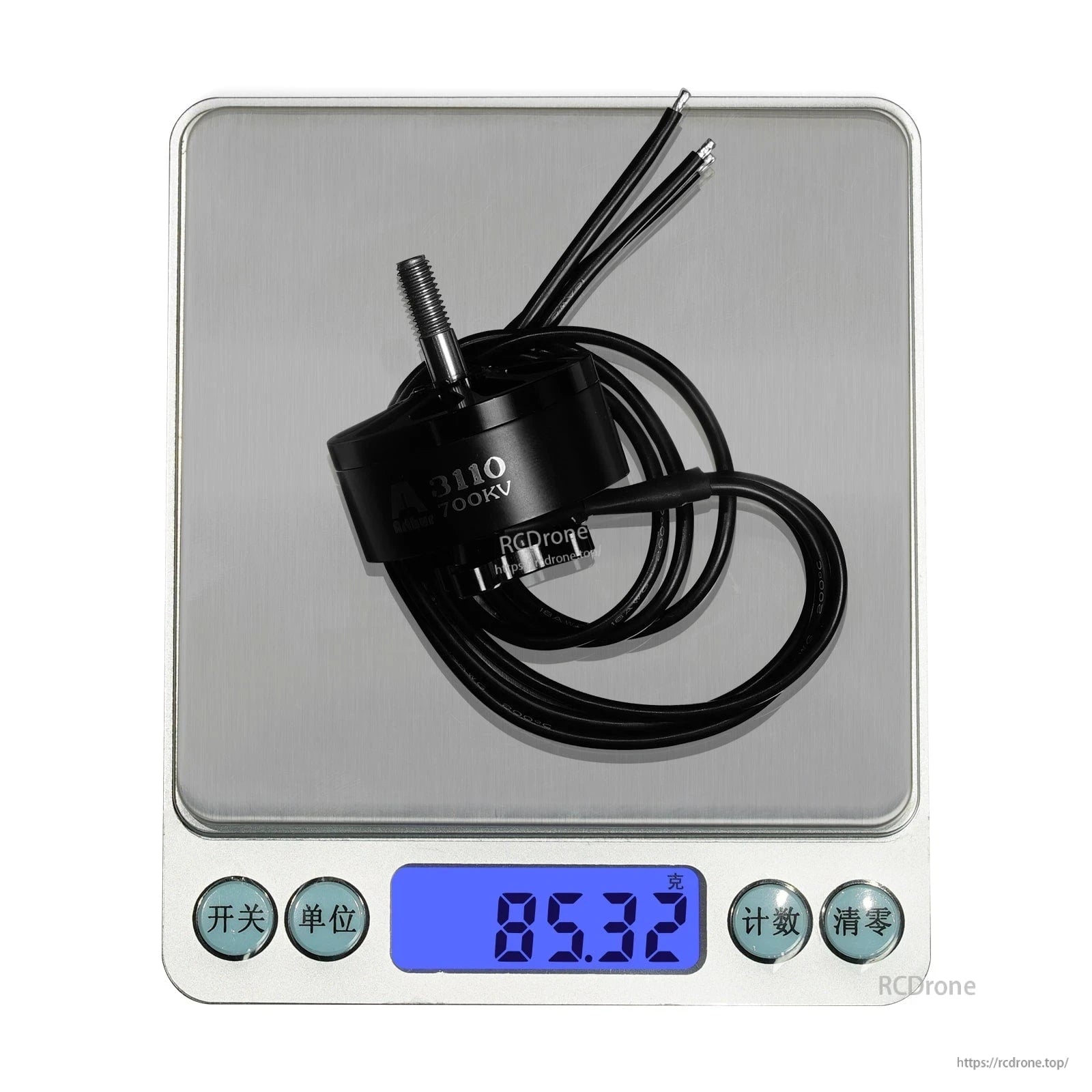 Flashhobby Arthur A3110 900KV Brushless Motor, Flashhobby Arthur A3110 brushless motor with long wires on a digital scale reading 85.32 g (700KV label)
