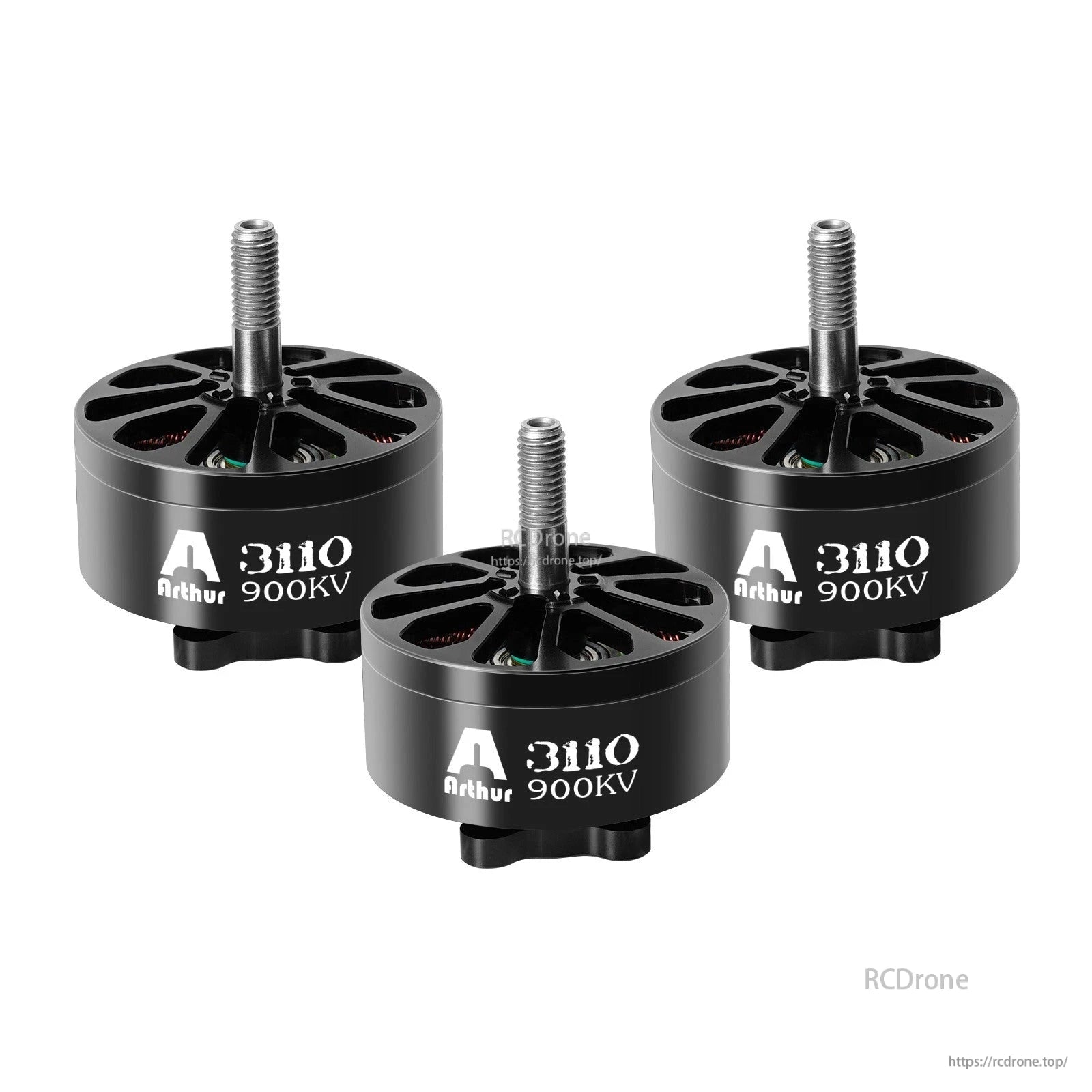Three Flashhobby Arthur A3110 900KV brushless motors with black housings and threaded output shafts