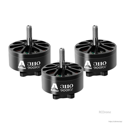 Three Flashhobby Arthur A3110 900KV brushless motors with black housings and threaded output shafts