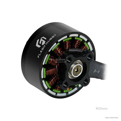 Flashhobby Arthur A3110 900KV Brushless Motor, Flashhobby Arthur A3110 brushless motor close-up with copper windings, green stator inserts, and mounting hub