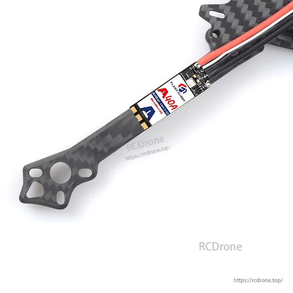 Flashhobby Arthur A40A slim 40A brushless ESC mounted on a carbon fiber arm with power and motor wires