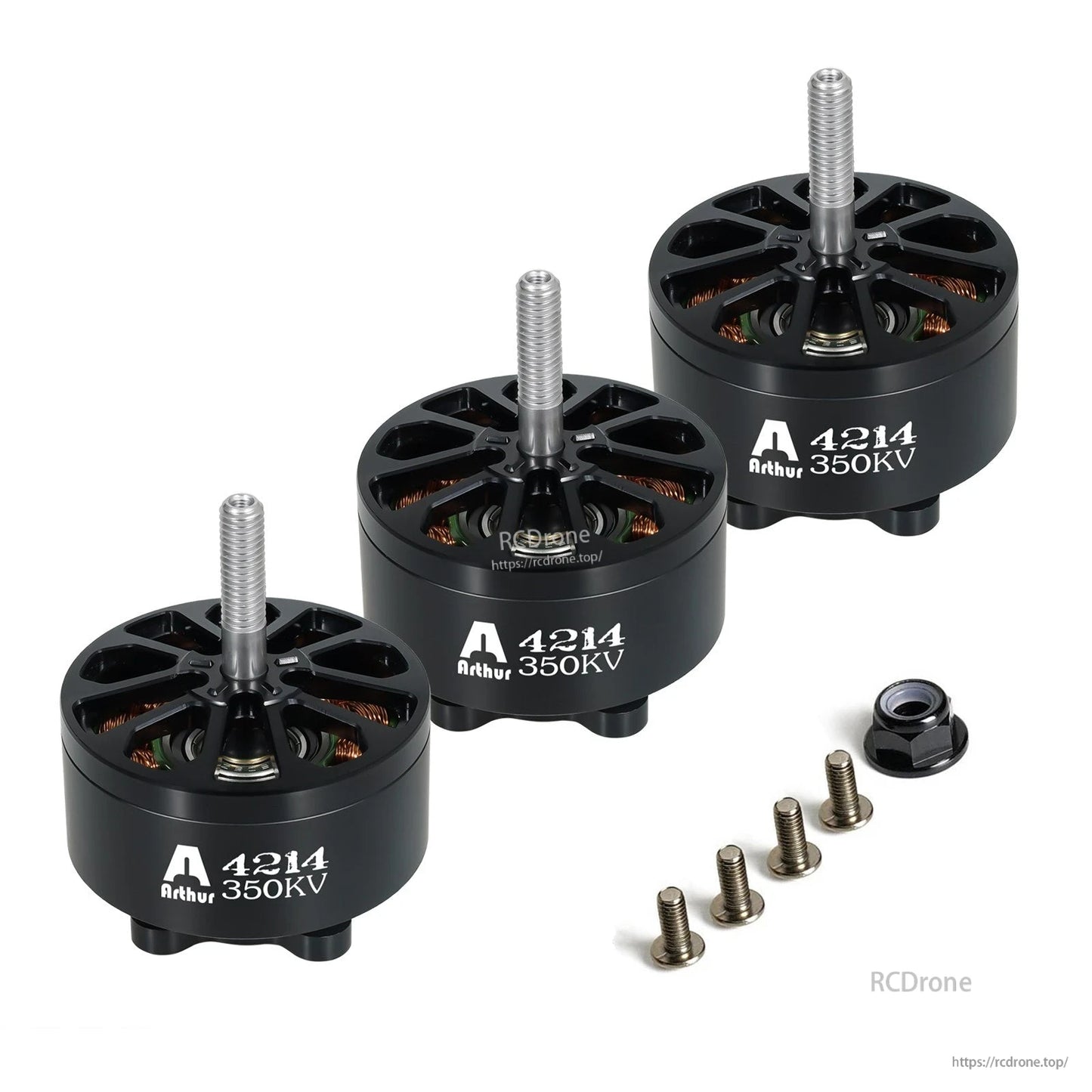 Flashhobby Arthur A4214 350KV brushless motor set with three black motors, long shafts, and mounting screws