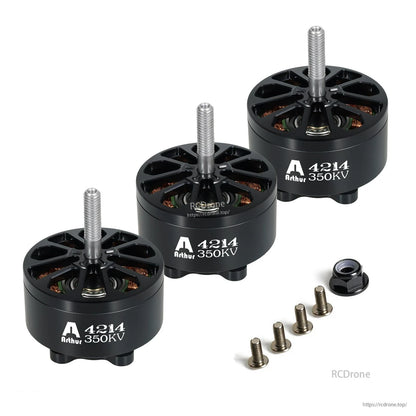 Flashhobby Arthur A4214 350KV brushless motor set with three black motors, long shafts, and mounting screws