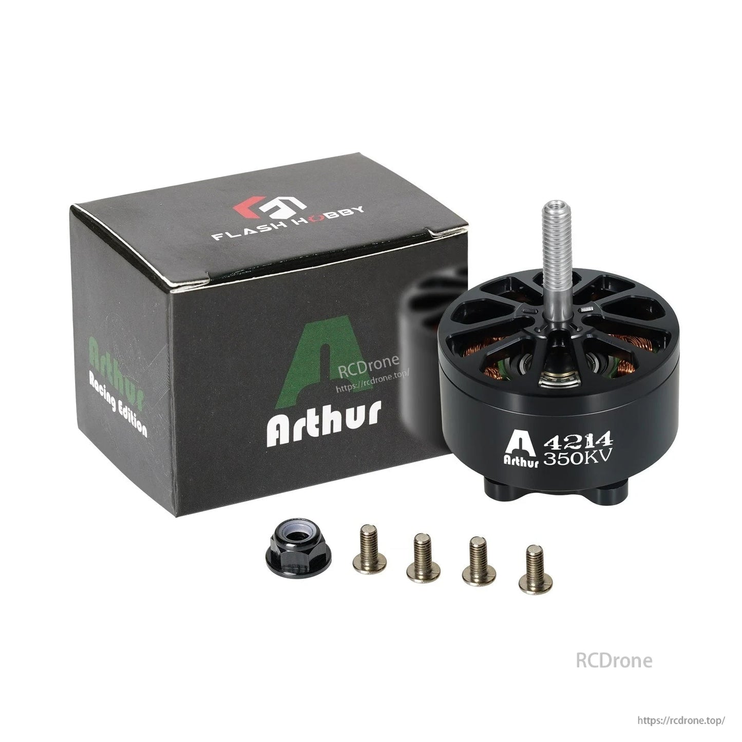 Flashhobby Arthur A4214 350KV brushless motor with threaded shaft, plus mounting screws, nut, and box