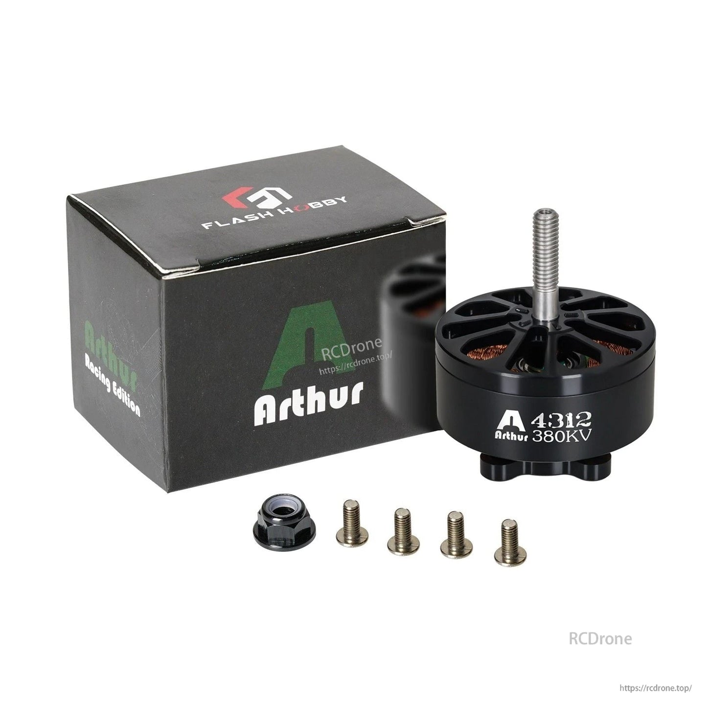 Flashhobby Arthur A4312 380KV brushless motor with long shaft, box packaging, prop nut and four screws