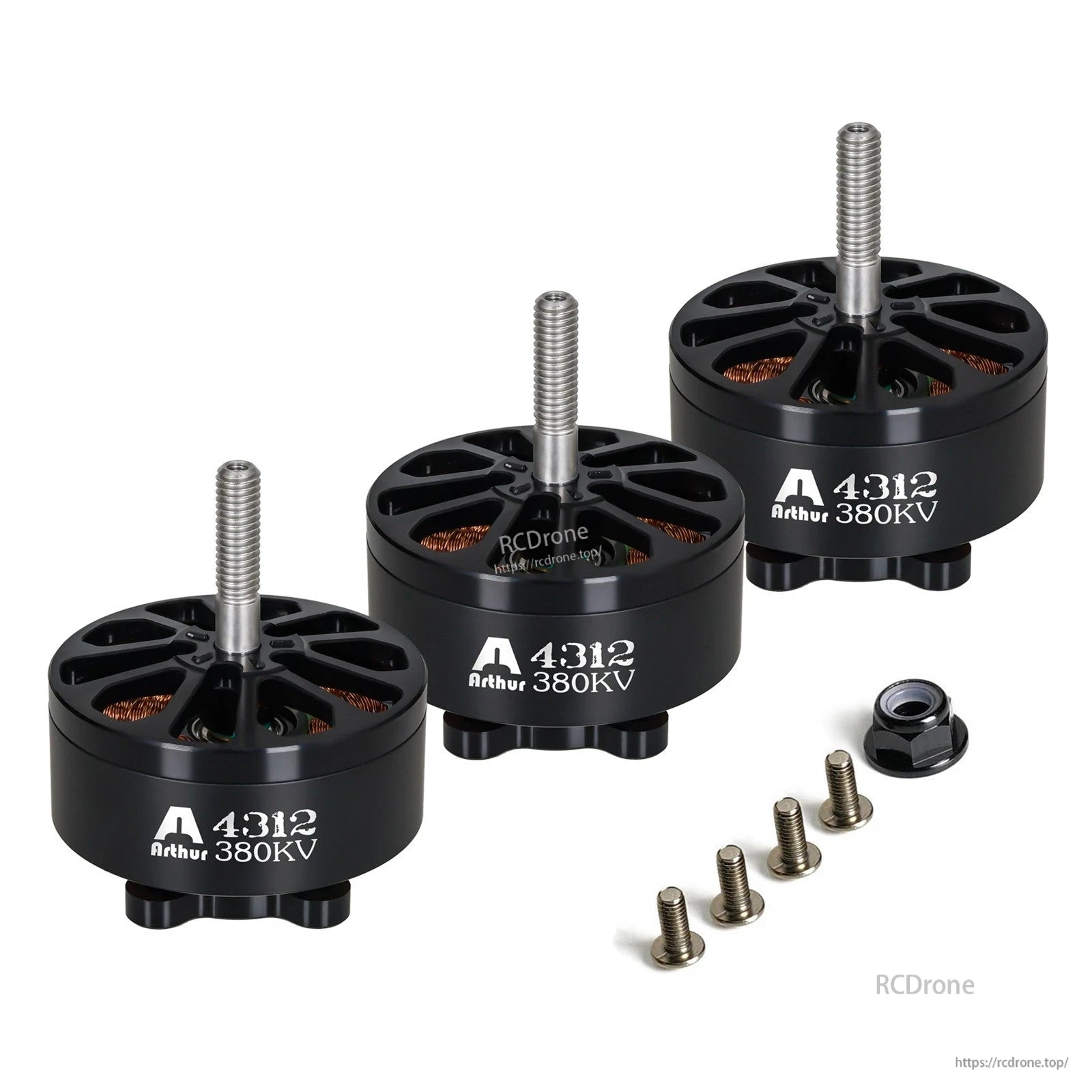 Three Flashhobby Arthur A4312 380KV brushless motors with threaded shafts, plus mounting screws and lock nut