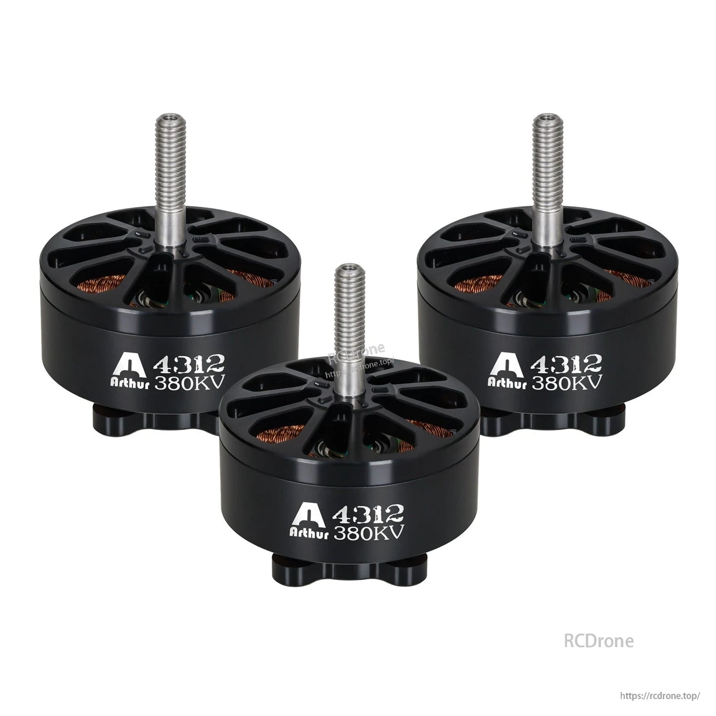 Flashhobby Arthur A4312 380KV brushless motor set in black, with threaded shafts and open top ventilation