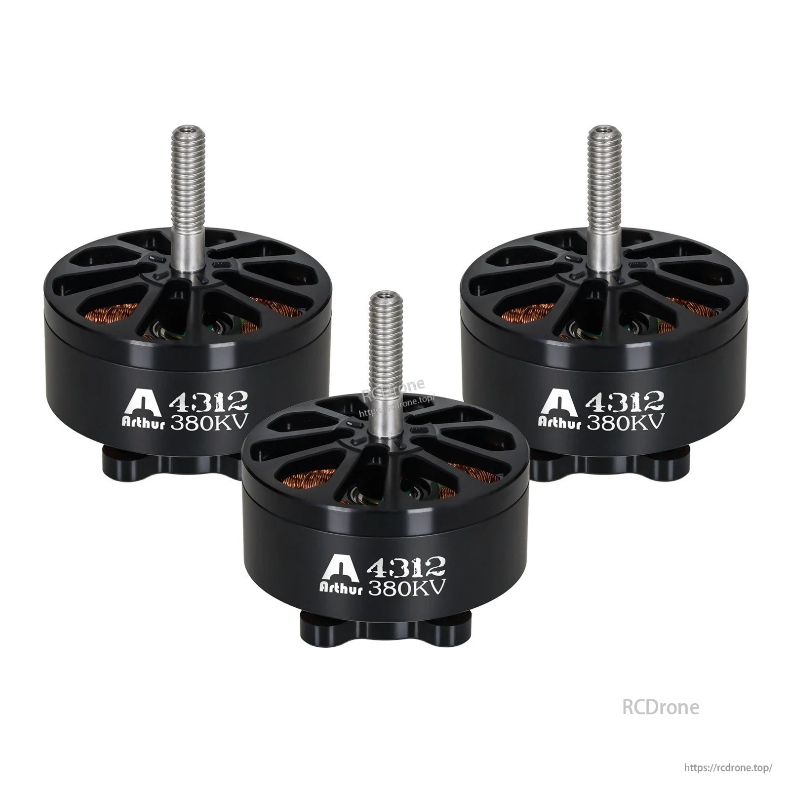 Flashhobby Arthur A4312 380KV brushless motor set in black, with threaded shafts and open top ventilation