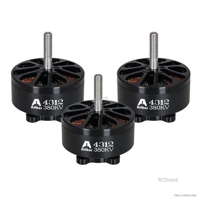 Flashhobby Arthur A4312 380KV brushless motor set in black, with threaded shafts and open top ventilation